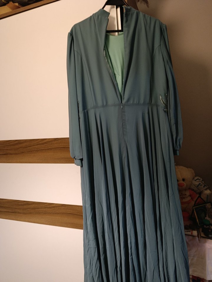 Nakışlı Uzun Turkuaz Kadın Abiye Elbise - Görsel 3