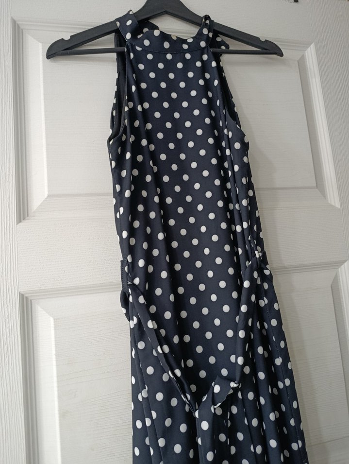 Lacivert Puantiyeli Uzun Drapeli Elbise - Görsel 2