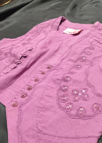 Düğmeli Nakışlı Pembe Keten Yelek - Görsel 2