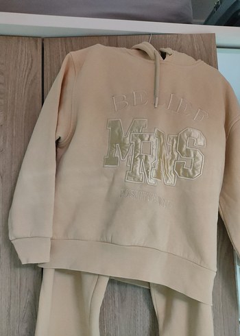 Bej Kapüşonlu Kız Sweatshirt ve Eşofman Takımı - Görsel 3