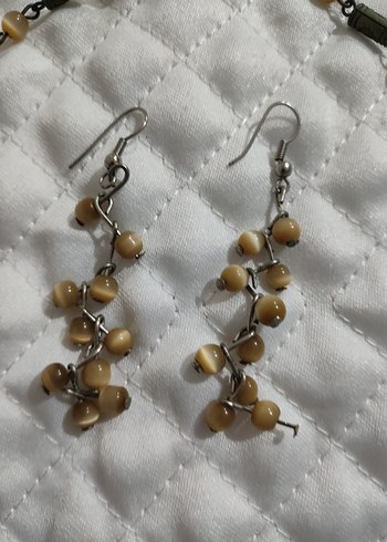 Bej Boncuklu Kısa Bohem Kolye ve Küpe Seti - Görsel 3