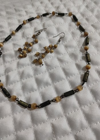 Bej Boncuklu Kısa Bohem Kolye ve Küpe Seti - Görsel 2