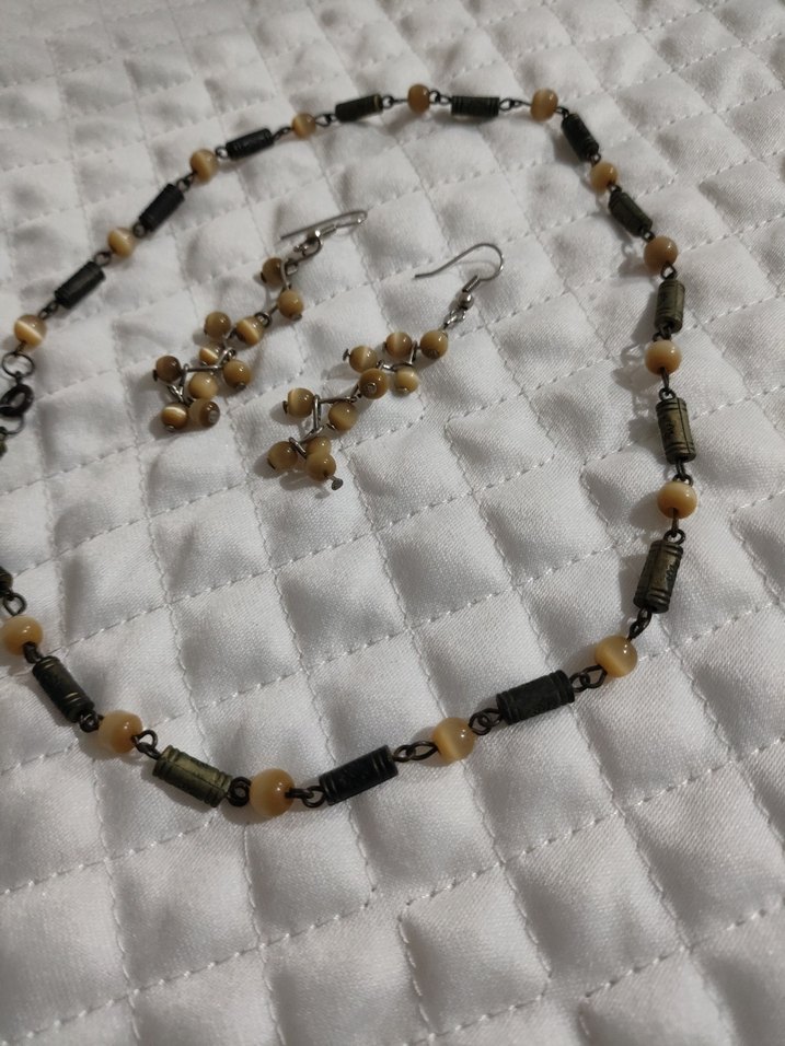 Bej Boncuklu Kısa Bohem Kolye ve Küpe Seti - Görsel 2