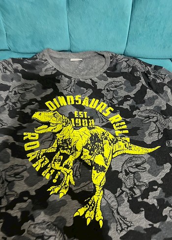 Gri Baskılı Dinozor Desenli Erkek Tişört - Görsel 2