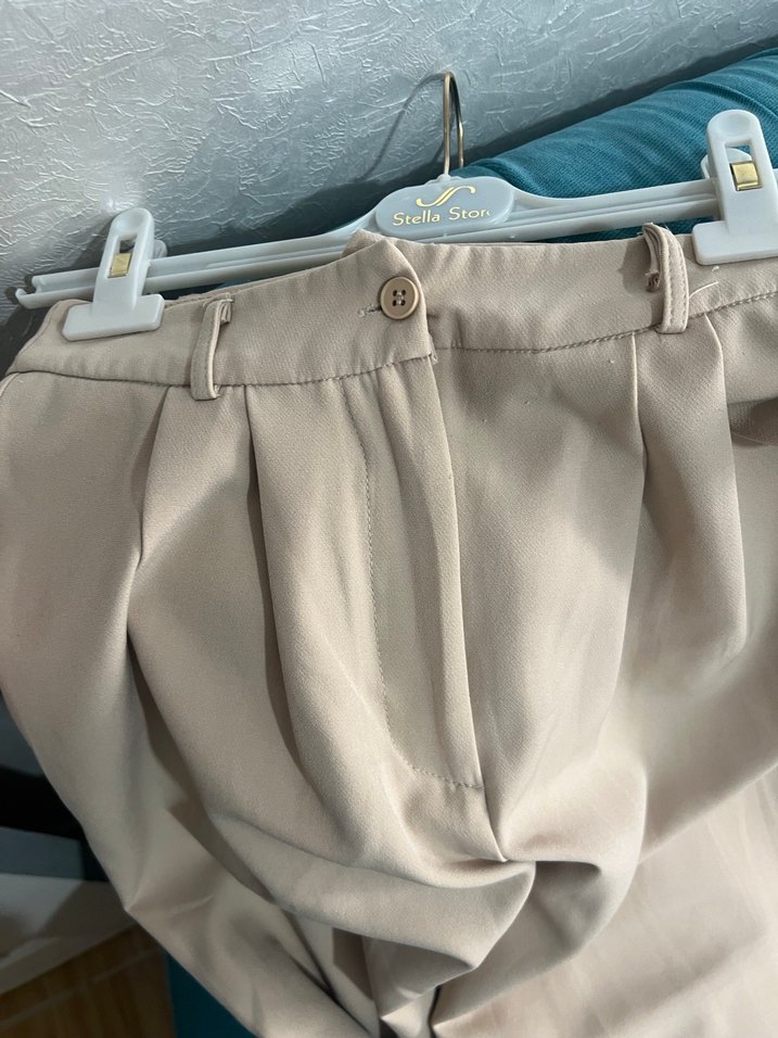 Bej Midi Keten Kadın Kumaş Pantolon - Görsel 3