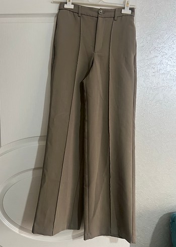 Düğmeli Bej Kadın Keten Kumaş Pantolon - Görsel 5