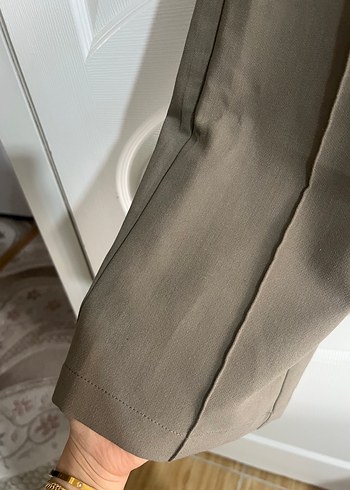 Düğmeli Bej Kadın Keten Kumaş Pantolon - Görsel 7