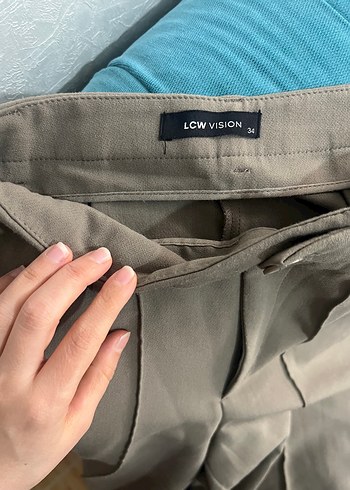 Düğmeli Bej Kadın Keten Kumaş Pantolon - Görsel 4