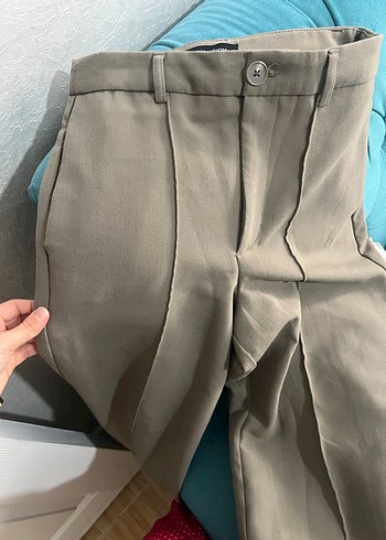 Düğmeli Bej Kadın Keten Kumaş Pantolon - Görsel 8