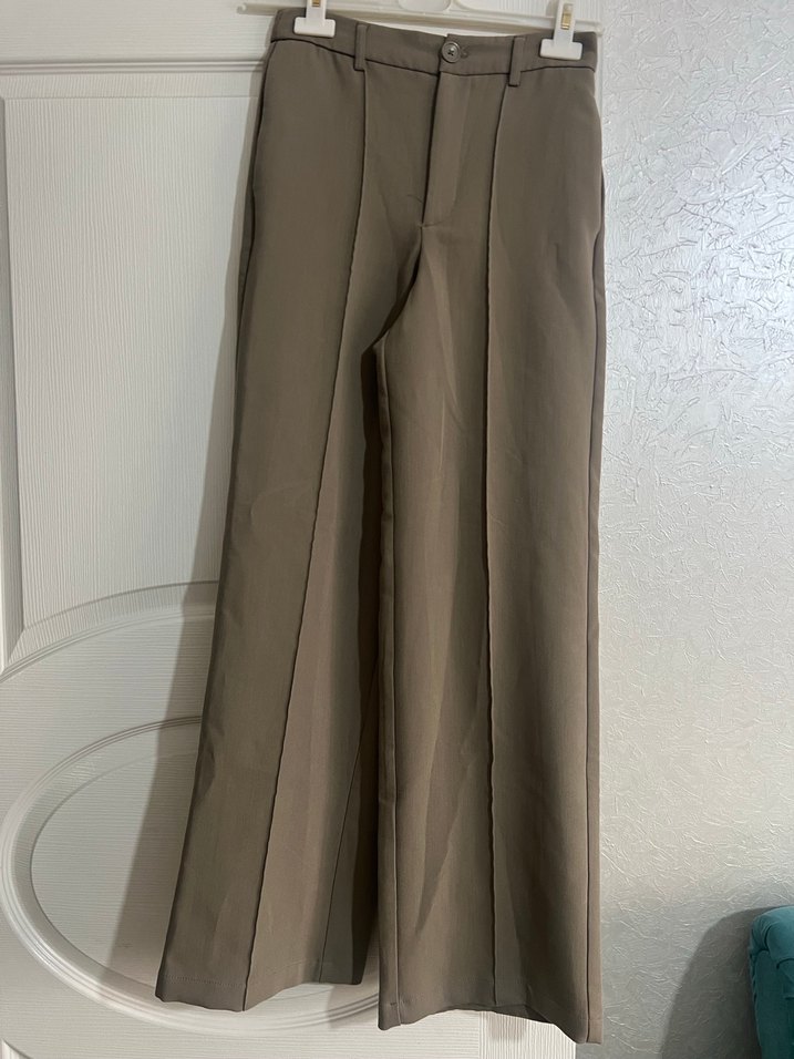 Düğmeli Bej Kadın Keten Kumaş Pantolon - Görsel 5