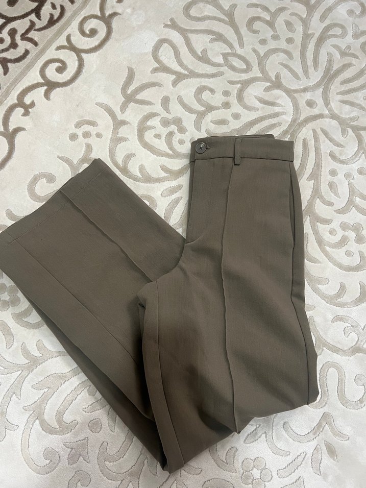 Düğmeli Bej Kadın Keten Kumaş Pantolon - Görsel 2