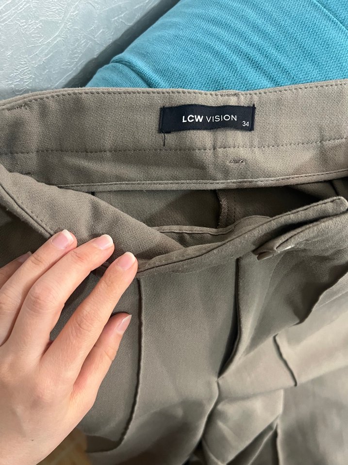 Düğmeli Bej Kadın Keten Kumaş Pantolon - Görsel 4