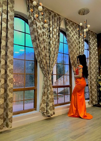 Parlak Turuncu Straplez Uzun Abiye Elbise - Görsel 3