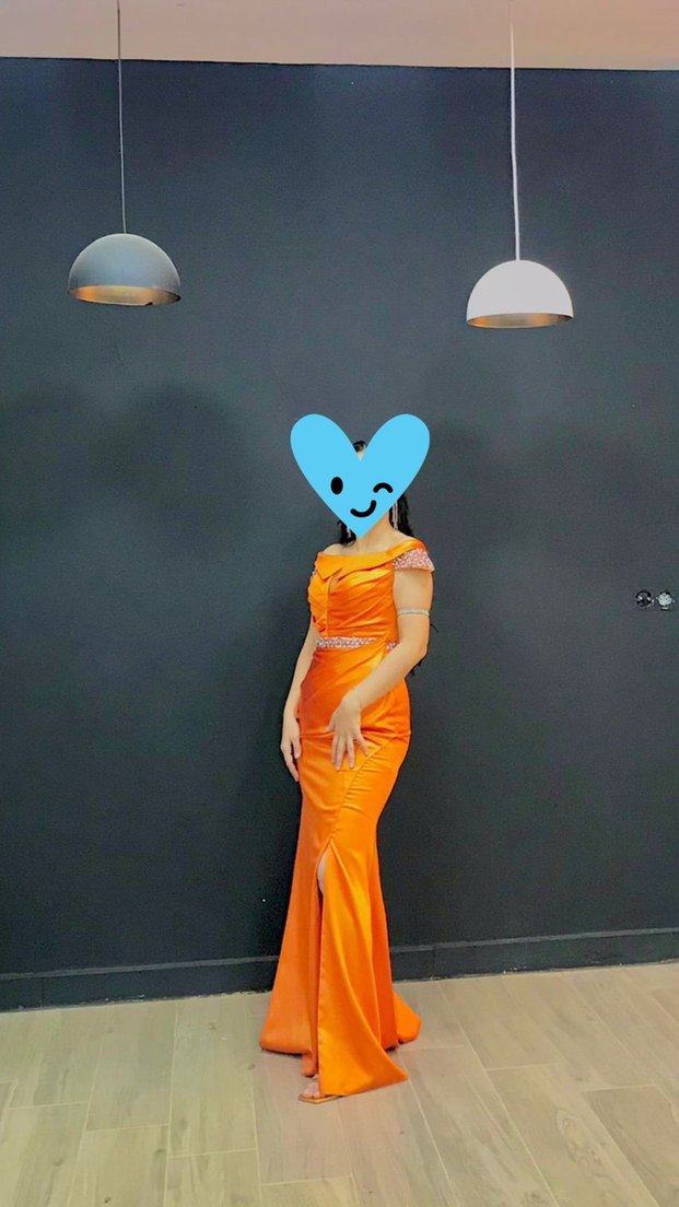 Parlak Turuncu Straplez Uzun Abiye Elbise - Görsel 2