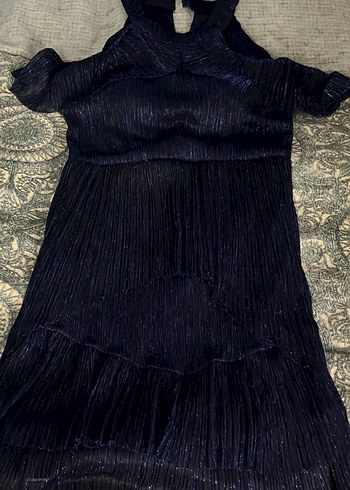 Lacivert Straplez Püsküllü Midi Abiye Elbise - Görsel 2