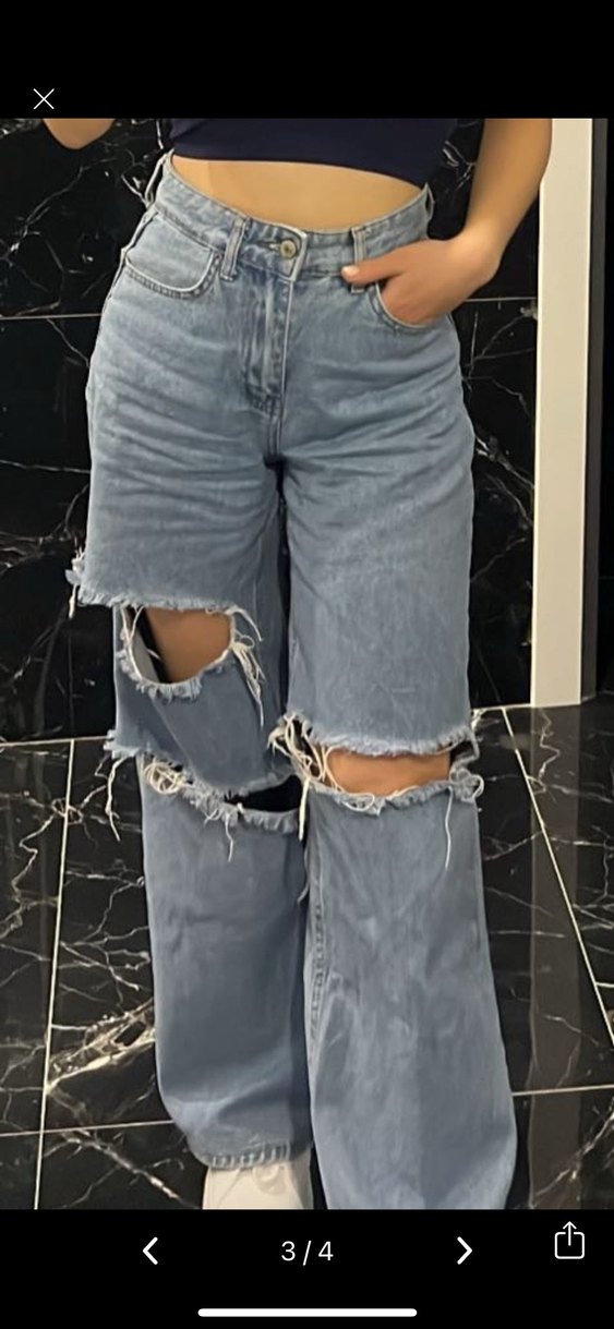 Diz Altı Geniş Kesim Yırtık Kot Pantolon - Görsel 2