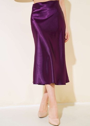 Parlak Mor Midi Saten Drapeli Kadın Etek - Görsel 2