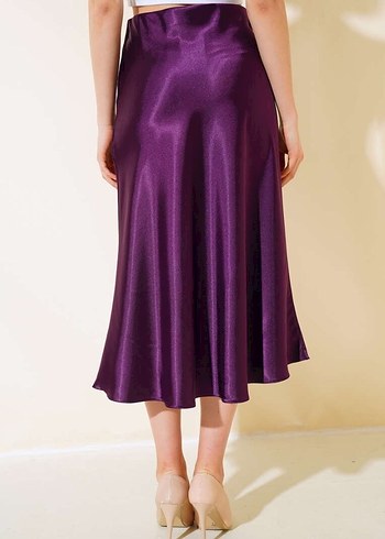 Parlak Mor Midi Saten Drapeli Kadın Etek - Görsel 3