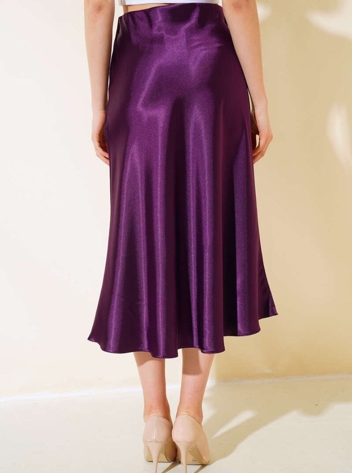 Parlak Mor Midi Saten Drapeli Kadın Etek - Görsel 3