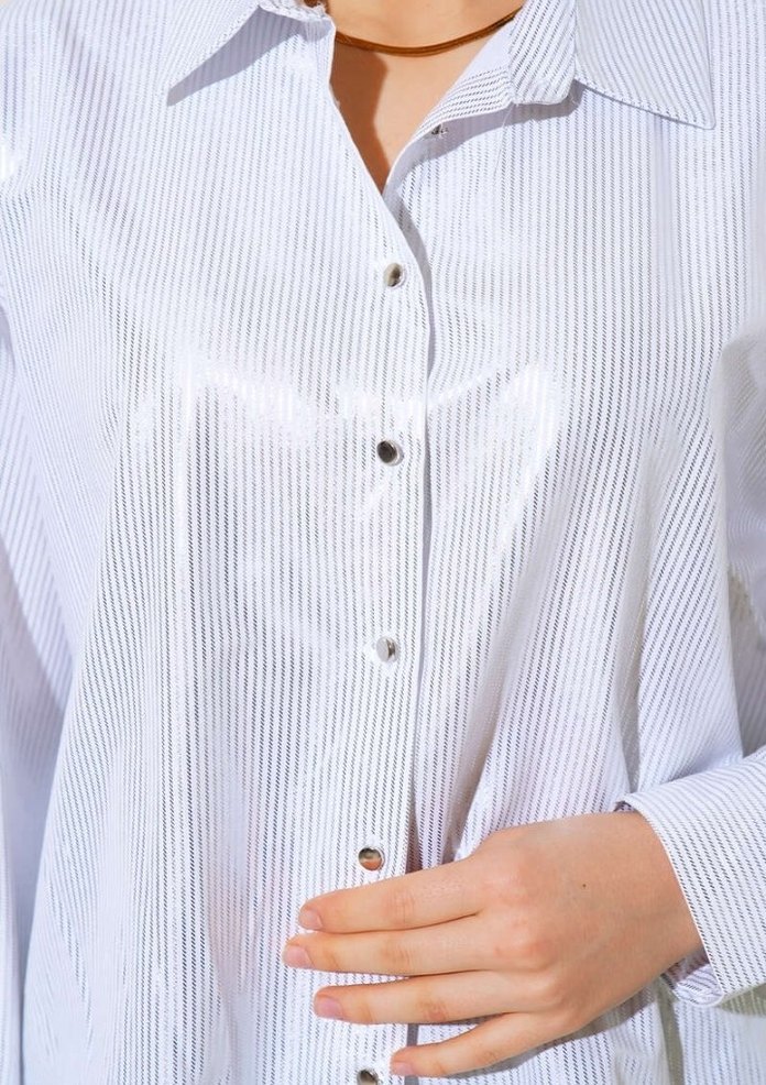 Beyaz Çizgili Kemerli Mini İş Gömleği varaklı - Görsel 3