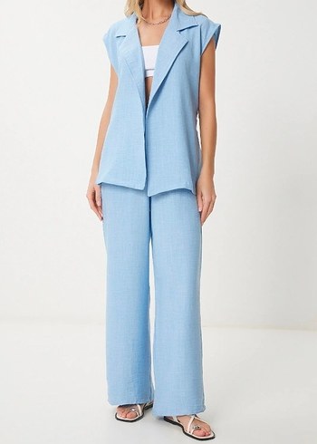 Mavi Keten Kadın Kolsuz Ceketli Takım - Görsel 4