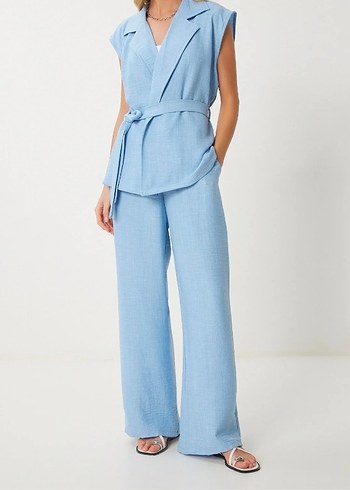 Mavi Keten Kadın Kolsuz Ceketli Takım - Görsel 2