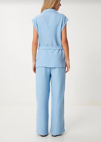 Mavi Keten Kadın Kolsuz Ceketli Takım - Görsel 9