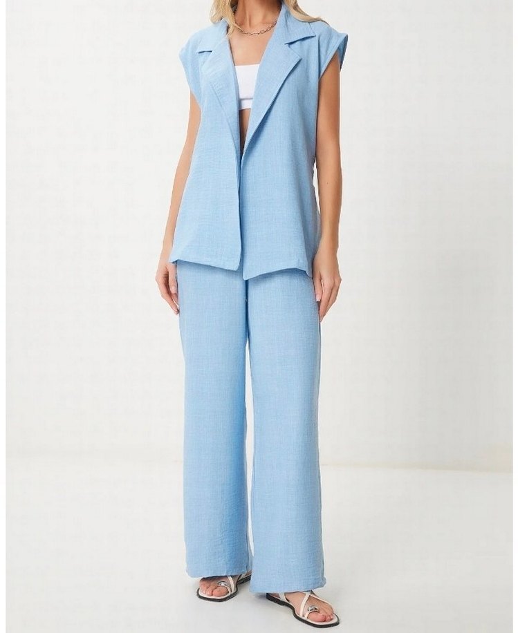 Mavi Keten Kadın Kolsuz Ceketli Takım - Görsel 4