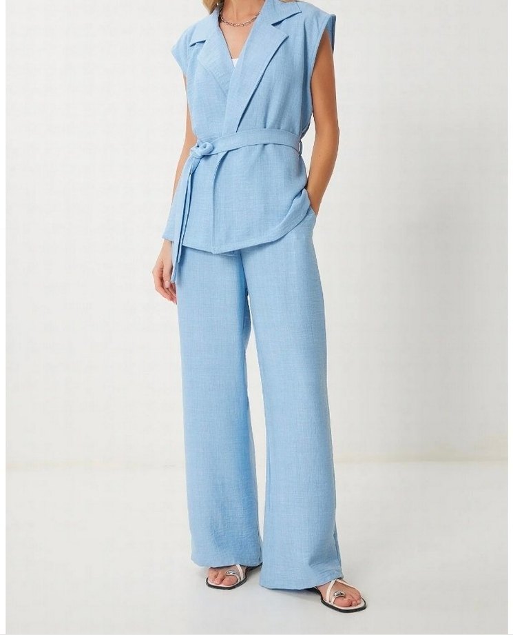 Mavi Keten Kadın Kolsuz Ceketli Takım - Görsel 2