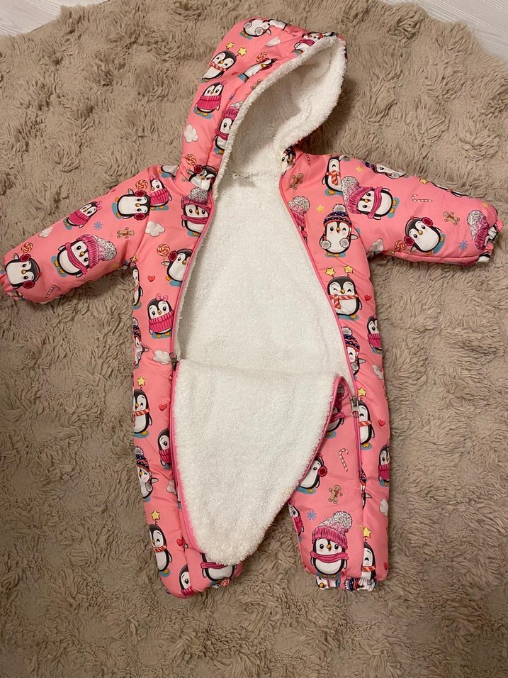 Kapüşonlu, Penguen Desenli Pembe Bebek Tulumu - Görsel 2