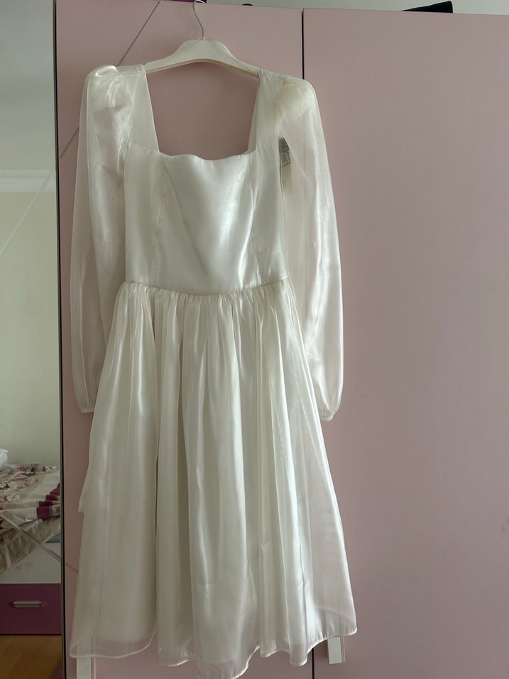 Ekol marka Prenses Kollu Beyaz Mini elbise - Görsel 4