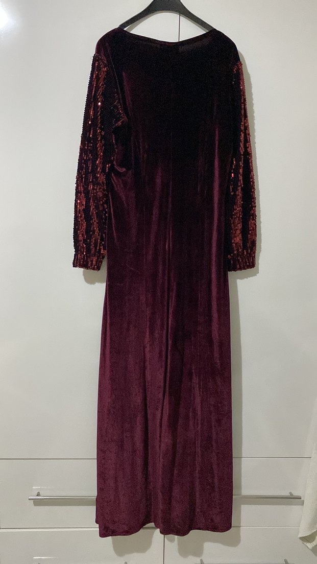 Bordo Uzun Kollu Pul Payetli Kadife  Kadın Abiye Elbise - Görsel 2