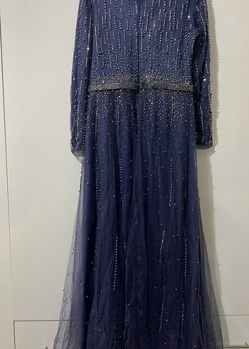 İnci İşlemeli Lacivert Özel Dikim Uzun Abiye Elbise - Görsel 2