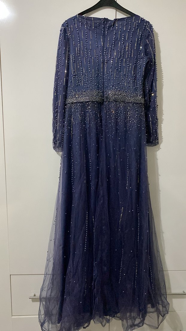 İnci İşlemeli Lacivert Özel Dikim Uzun Abiye Elbise - Görsel 2