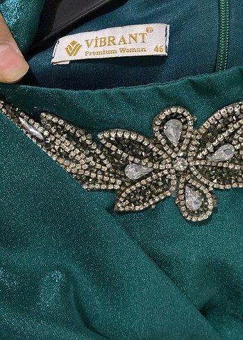 Yeşil İşlemeli Uzun Kollu Kadın Abiye Elbise - Görsel 3