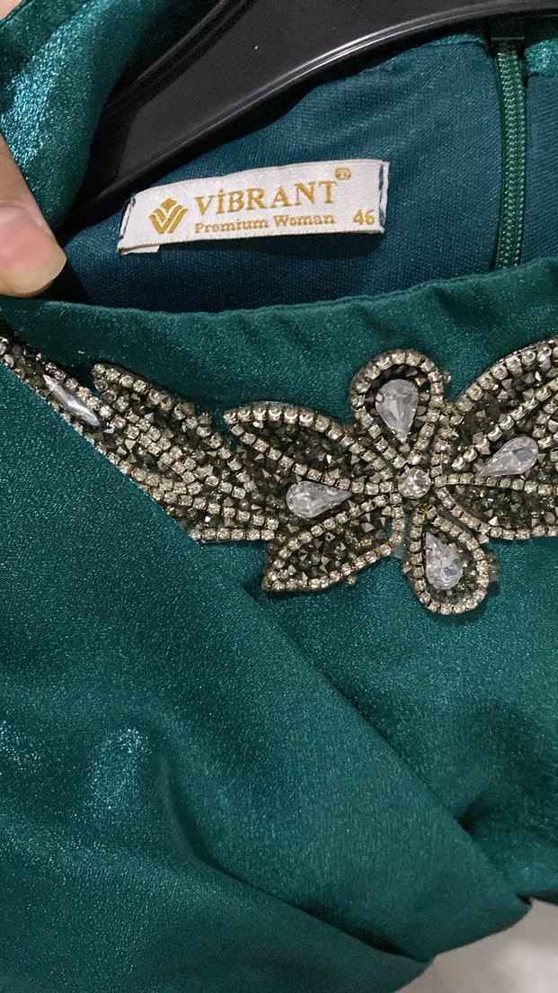 Yeşil İşlemeli Uzun Kollu Kadın Abiye Elbise - Görsel 3