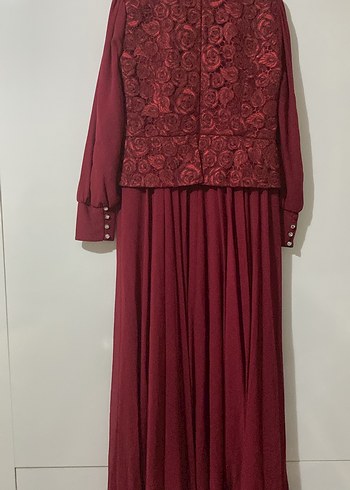 Bordo İşlemeli Uzun Kollu Vintage Abiye Elbise - Görsel 2