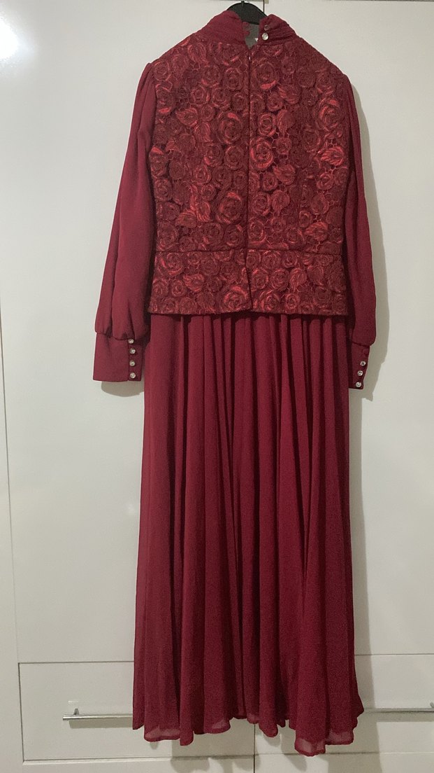 Bordo İşlemeli Uzun Kollu Vintage Abiye Elbise - Görsel 2