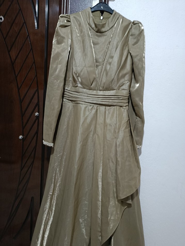 Haki Uzun Drapeli Kadın Abiye Elbise - Görsel 5