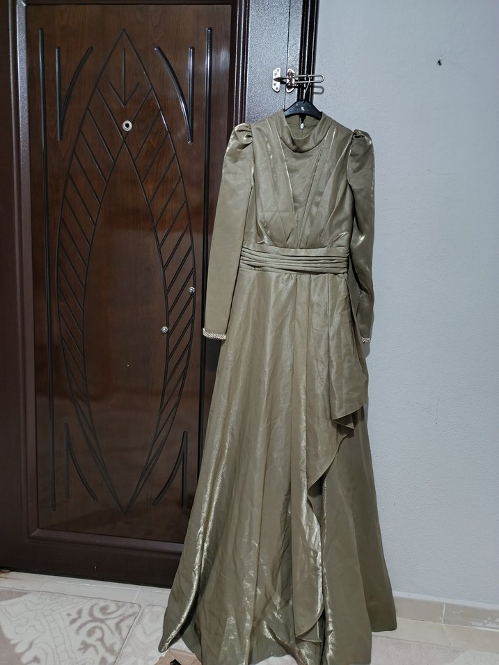 Haki Uzun Drapeli Kadın Abiye Elbise - Görsel 2