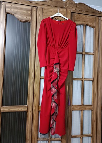 Kırmızı Uzun Kol Drapeli Abiye Elbise - Görsel 4