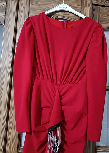 Kırmızı Uzun Kol Drapeli Abiye Elbise - Görsel 5