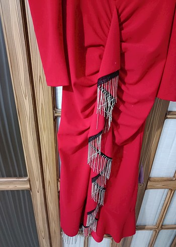 Kırmızı Uzun Kol Drapeli Abiye Elbise - Görsel 3