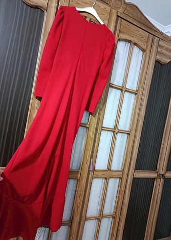Kırmızı Uzun Kol Drapeli Abiye Elbise - Görsel 9