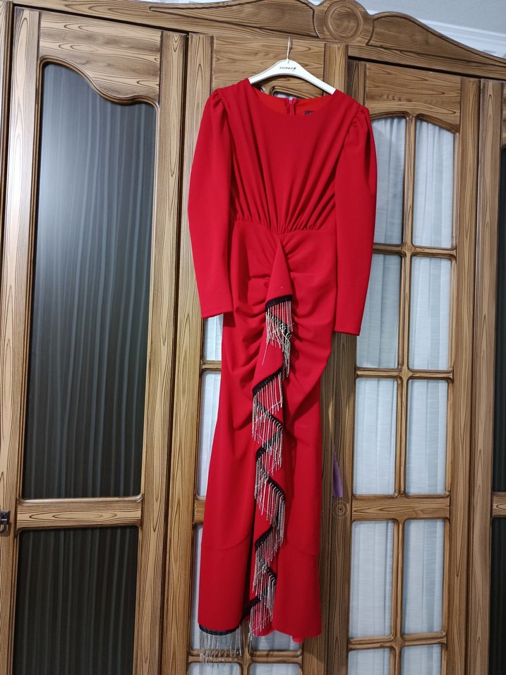 Kırmızı Uzun Kol Drapeli Abiye Elbise - Görsel 4