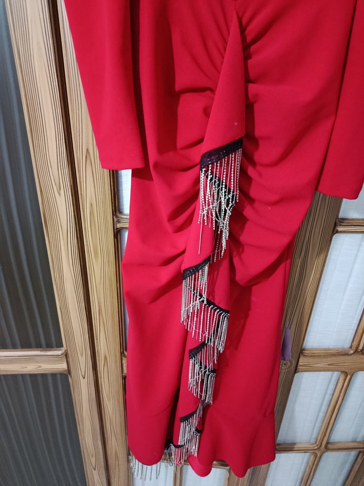 Kırmızı Uzun Kol Drapeli Abiye Elbise - Görsel 3