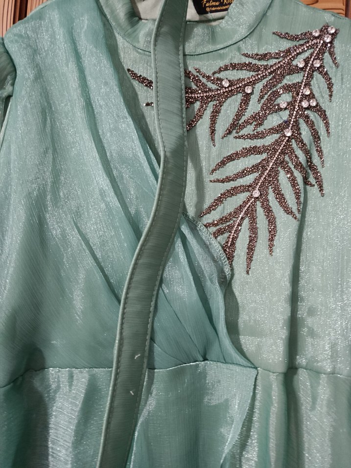 Uzun Turkuaz Nakışlı Bohem Kadın Elbise - Görsel 2