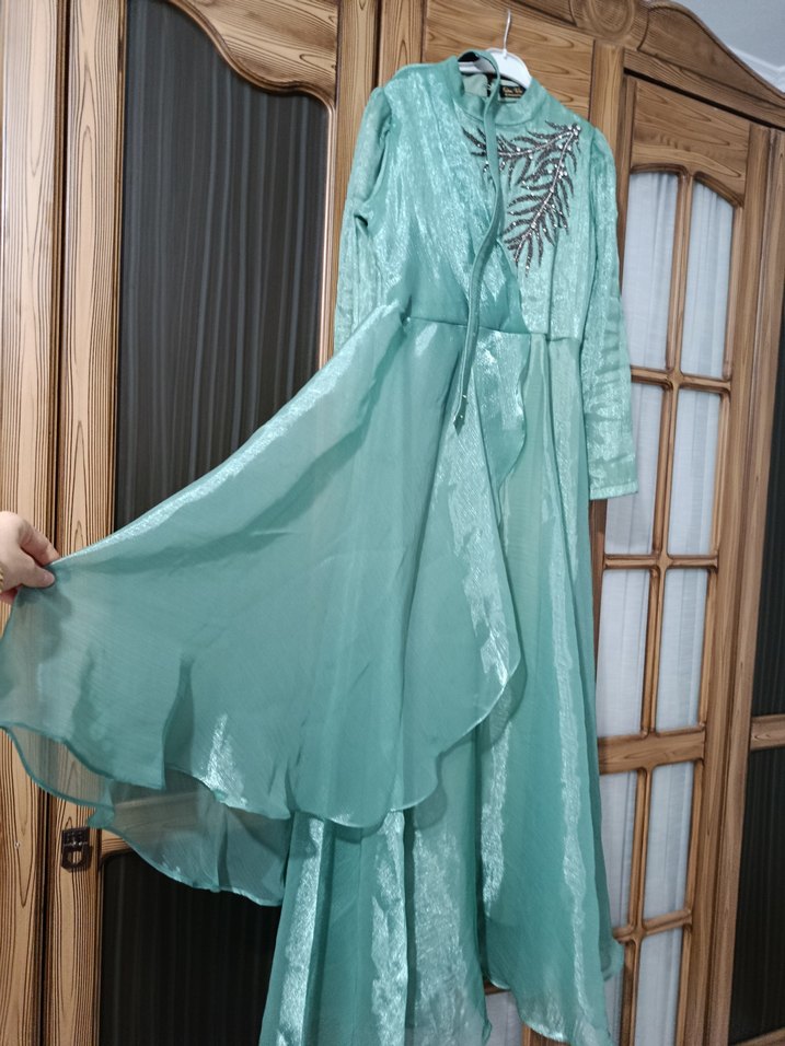 Uzun Turkuaz Nakışlı Bohem Kadın Elbise - Görsel 3