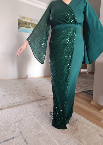 Yeşil Parlak V Yaka Uzun Abiye Elbise - Görsel 2