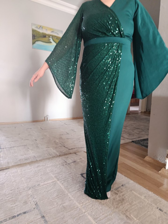 Yeşil Parlak V Yaka Uzun Abiye Elbise - Görsel 2